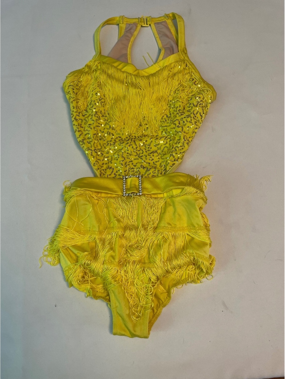 Weissman Yellow Dance Costume with Fringe and Sequins, Size SA
